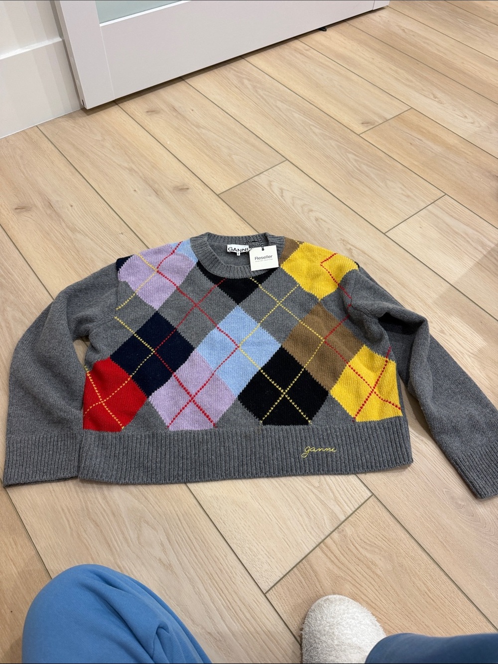 Ganni rainbow plaid wool grey sweater!
